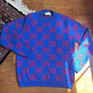 Designer Blue and Red Patterned Crewneck Sweater